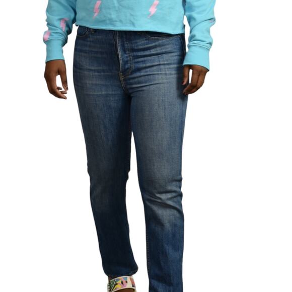 The Great Straight A Jeans Blue Button Fly High Waist Premium Denim Size 25 - Picture 1 of 14